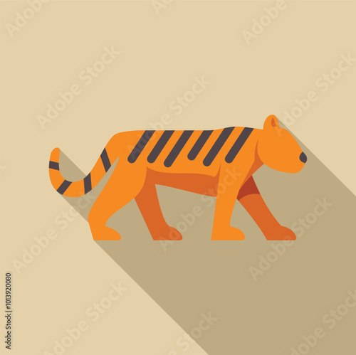 Big tiger walking stealthily casting a long shadow designed with flat minimalist style