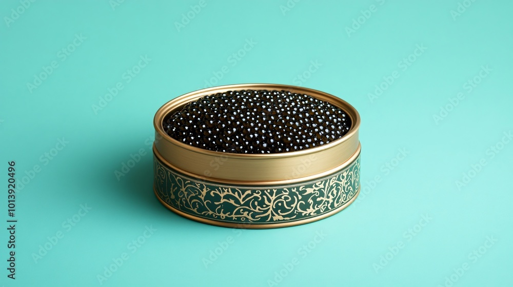 Elegant tin of caviar, isolated on a light teal background with subtle ornate patterns in the corners Elegant tin of caviar, isolated on a light teal background with subtle ornate patterns in the corners
