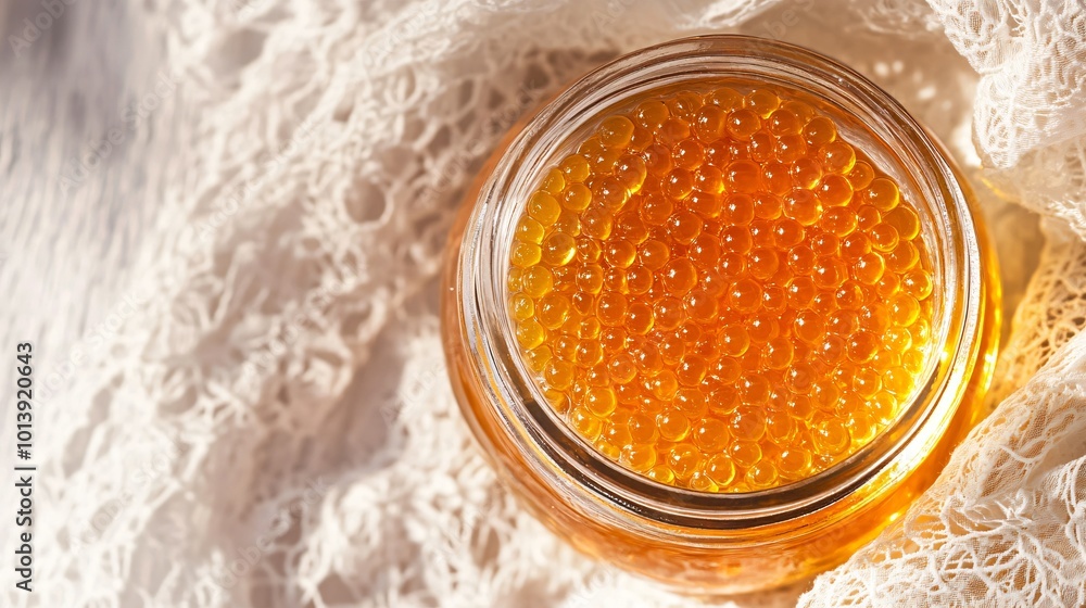 Glass jar of golden caviar, isolated on a white textured background with a delicate lace napkin beneath Glass jar of golden caviar, isolated on a white textured background with a delicate lace napkin beneath