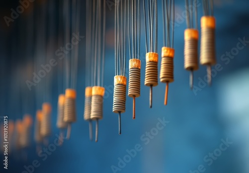 Coils of metal wire hang neatly in a workshop, displaying craftsmanship with a blue backdrop, emphasizing detail and structure photo