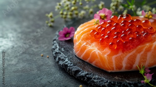 Red caviar on a slice of smoked salmon, isolated on a slate gray background with tiny edible flowers photo