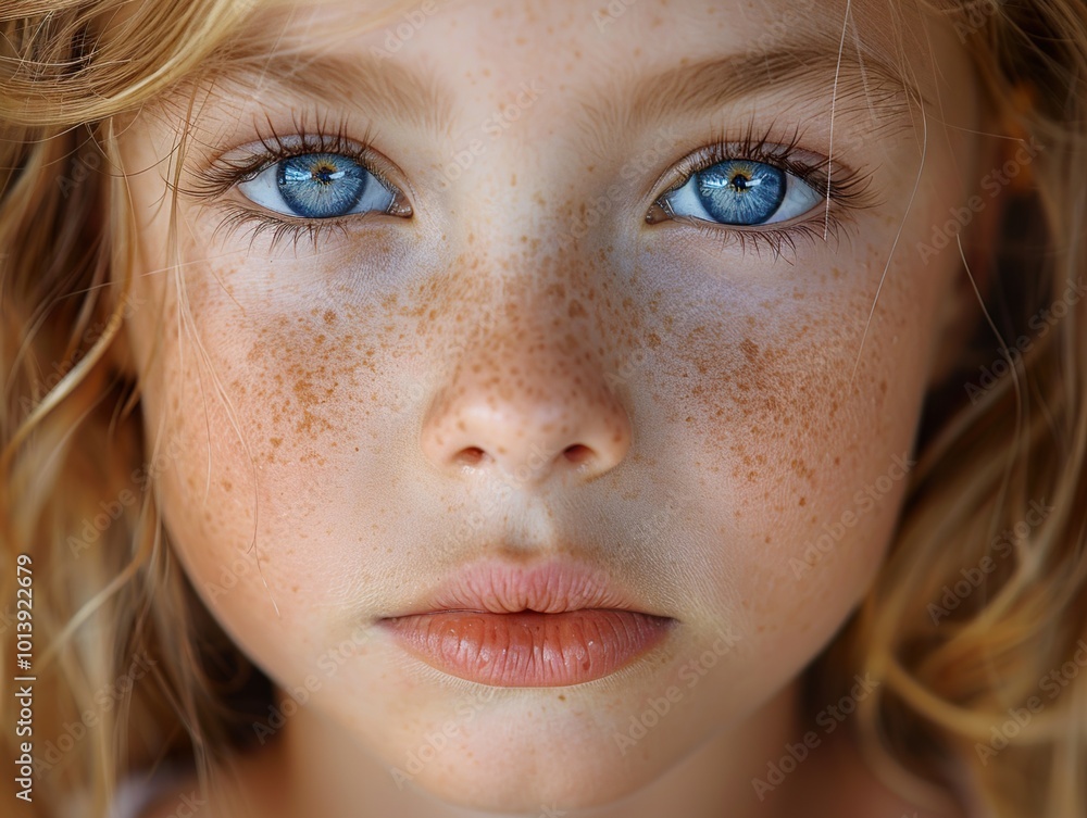 Close-up Portrait of a Young Girl with Freckles and Blue Eyes Close-up Portrait of a Young Girl with Freckles and Blue Eyes