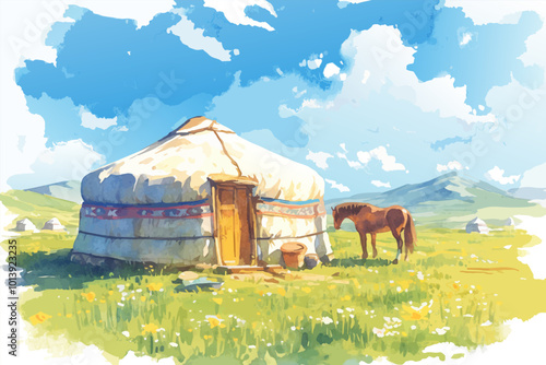 An illustration of traditional yurt with a horse on the meadow.