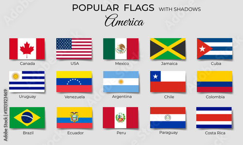 American flags with shadows. Rectangle america flags flat icons. Mexico, Ecuador, Peru, Brazil
