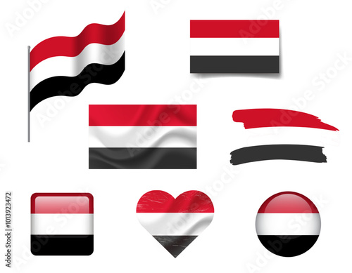 Free Download Yemen flag set of icons. Vector flag of Yemen, symbol. Set of Yemen flags button, brush, waved, heart. - GFXLoad