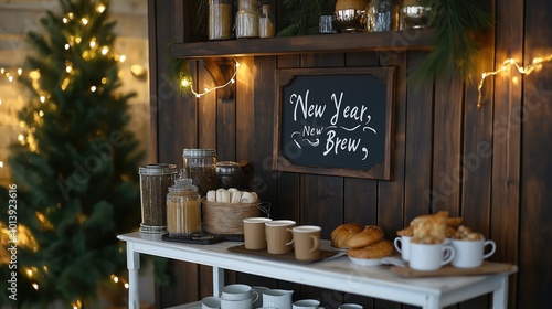 Fototapeta Naklejka Na Ścianę i Meble -  Inspiring New Year coffee station ideas for the office featuring a cozy gold and black theme