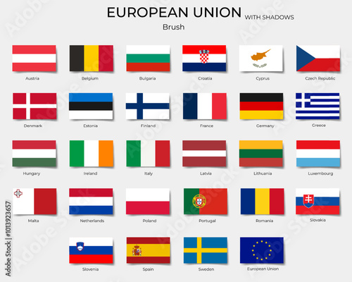 European union flags with shadows. Rectangle EU flags, buttons.