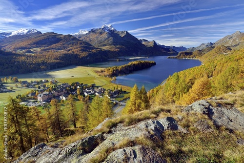 Views of Lake Sils and Piz da la Margna in autumnal Upper Engadine Sils-Baselgia, Engadin, Grisons, Switzerland, Europe photo