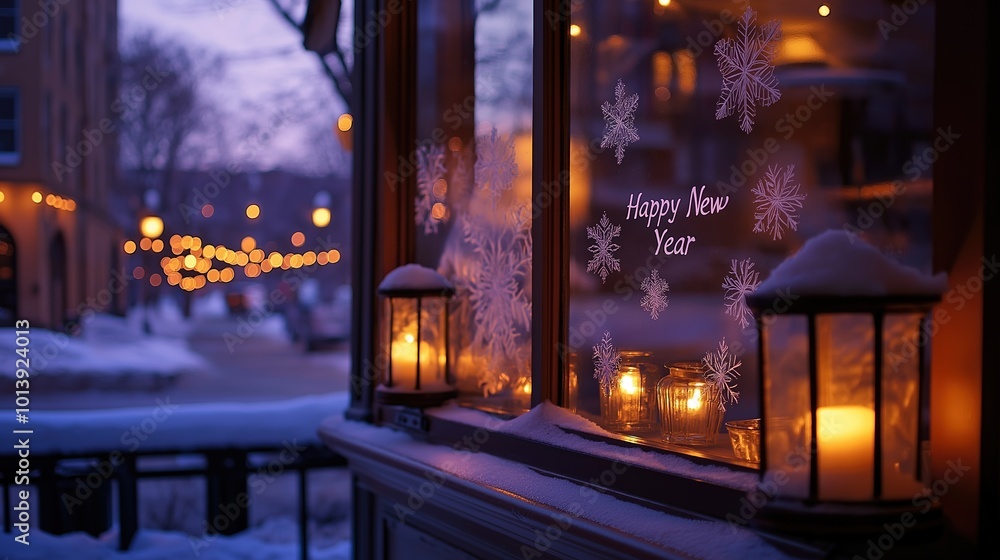 Winter wonderland restaurant window display with snowflakes and New Year decorations Winter wonderland restaurant window display with snowflakes and New Year decorations