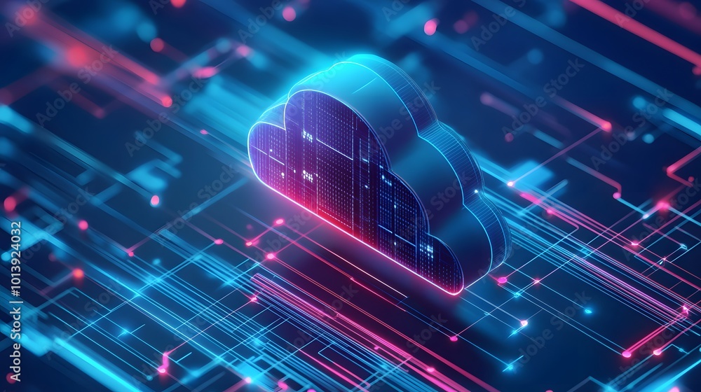 Fototapeta premium Isometric cloud storage illustration representing digital data transmission and network computing technologies, featuring a futuristic server and cloud icon