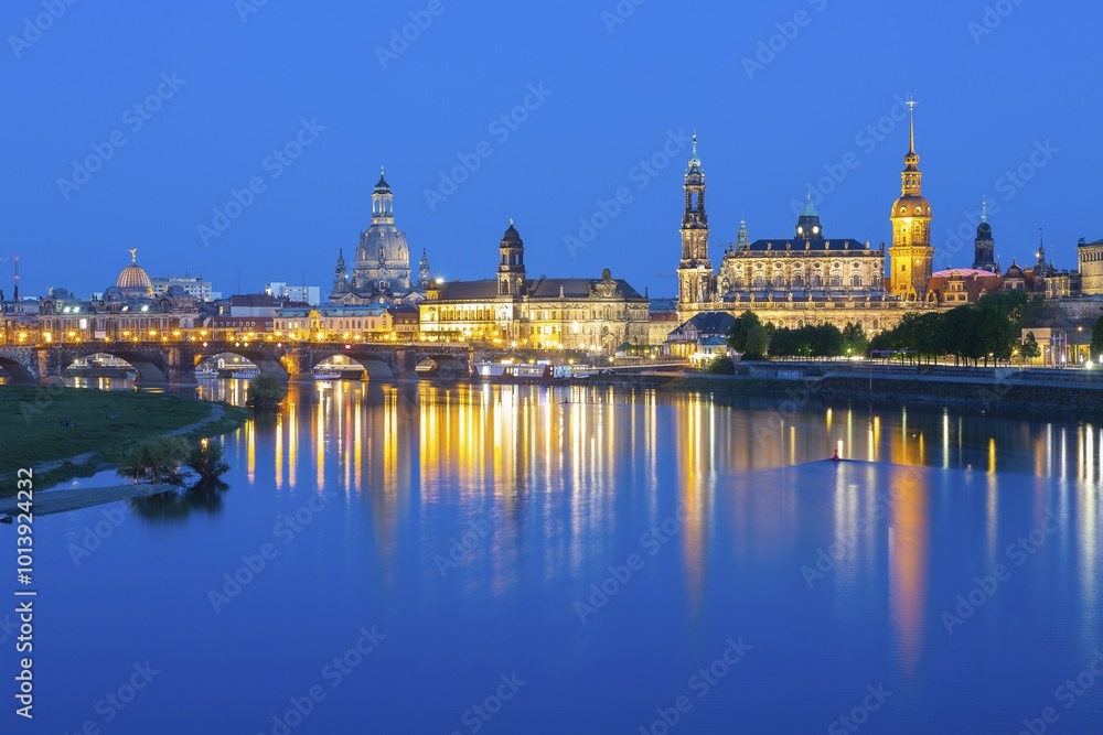 View of city across river Elbe from Marienbrücke, Dresden, Saxony, Germany, Europe View of city across river Elbe from Marienbrücke, Dresden, Saxony, Germany, Europe