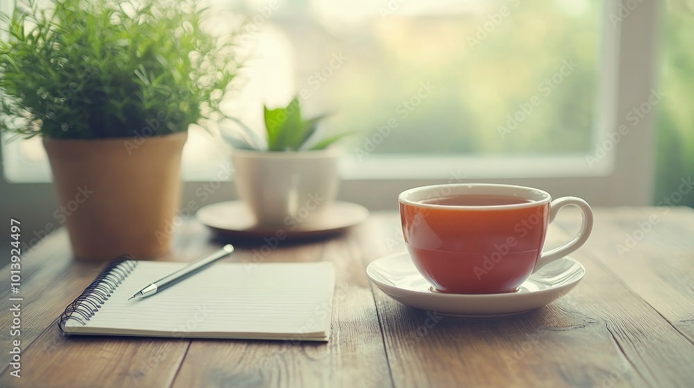 A cup of tea, a notebook, and a pen on a wooden table near a window with plants. A cup of tea, a notebook, and a pen on a wooden table near a window with plants.