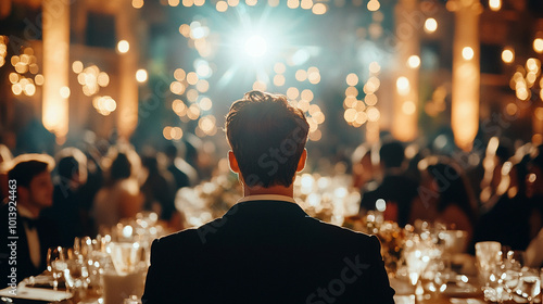 A man in a tuxedo sits at an elegant, candlelit dinner event, surrounded by guests, creating a warm and luxurious atmosphere.
