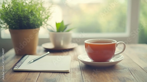 A cup of tea, a notebook, and a pen on a wooden table near a window with plants.