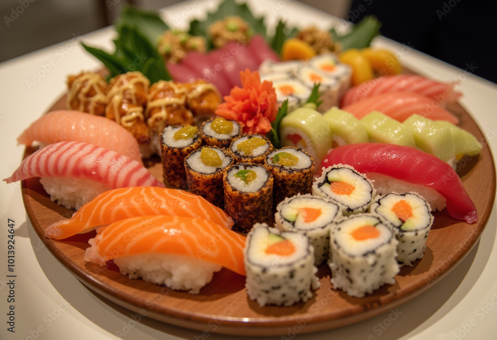 Sushi Platter: An exquisite arrangement of sushi rolls, including California rolls, nigiri, and sashimi, artfully displayed on a wooden board. Garnished with wasabi, pickled ginger, and a drizzle of s Sushi Platter: An exquisite arrangement of sushi rolls, including California rolls, nigiri, and sashimi, artfully displayed on a wooden board. Garnished with wasabi, pickled ginger, and a drizzle of s