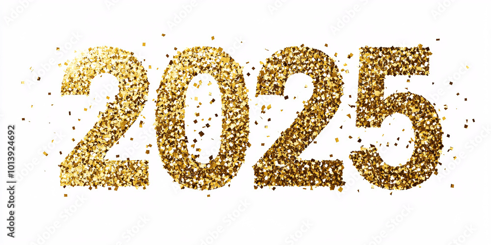 Glittering Gold 2025 Text with Festive Sparkles and Confetti for New Year Celebrations and Holiday Designs