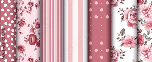 Elegant pink floral and striped wrapping paper patterns.