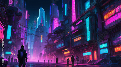 Futuristic Cyberpunk Cityscape With Neon Lights At Night