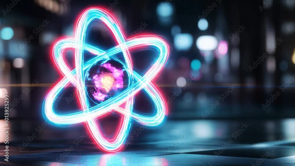 Neon atomic rings encircle a vibrant core in a cityscape at night, highlighting the connection between science and urban environments Neon atomic rings encircle a vibrant core in a cityscape at night, highlighting the connection between science and urban environments