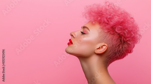 a woman with pink hair posing against a pink studio background