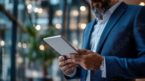 Handsome businessman in suit holding tablet computer, smiling while reading in office