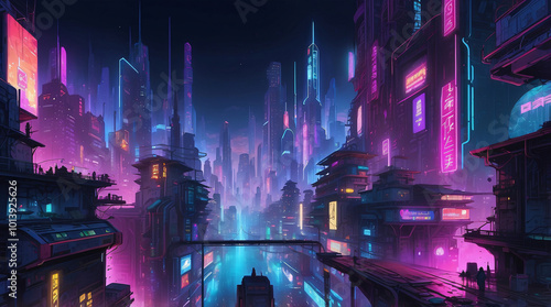 Futuristic Cyberpunk Cityscape With Neon Lights At Night