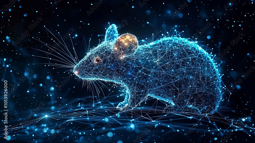 A digital mouse made up of intricate light elements and designed in a circuit-like pattern, symbolizing tech evolution and connectivity in a virtual world. A digital mouse made up of intricate light elements and designed in a circuit-like pattern, symbolizing tech evolution and connectivity in a virtual world.