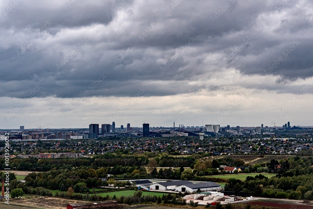 Aerial view of Copenhagen, Denmark on a cloudy day