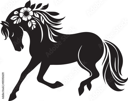 floral horse animal silhouette vector art illustration