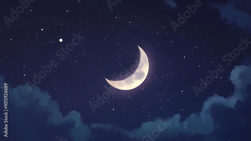 Crescent moon glowing in night sky with stars. Lunar Eclipse. Illustration