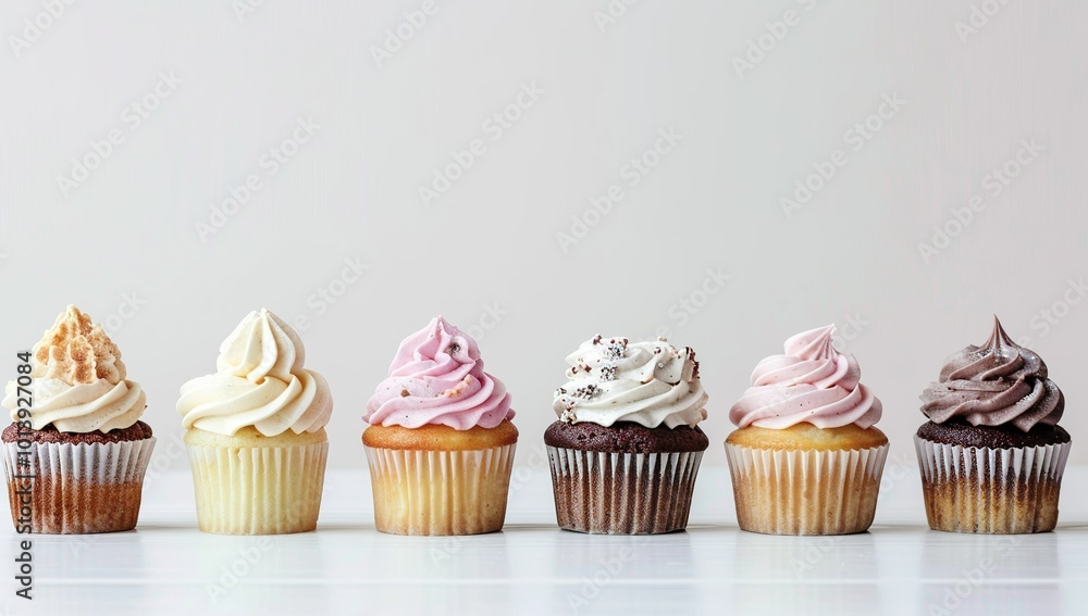 A row of cupcakes with different frosting designs, arranged in a straight... A row of cupcakes with different frosting designs, arranged in a straight...