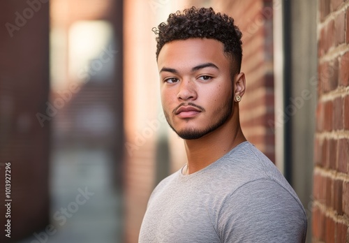 A young man stands stylishly against a brick wall, showcasing his confident demeanor and hairstyle in warm afternoon light photo