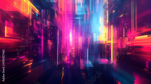 Design art background featuring a digital glitch effect in vibrant neon colors, futuristic and dynamic. Glitch Art. Illustration