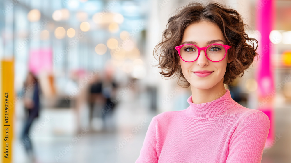 a beautiful woman smiling at the camera and standing inside a shopping mall with blurred people walking around in the background a beautiful woman smiling at the camera and standing inside a shopping mall with blurred people walking around in the background