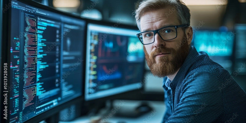 Data Visualization: Create an image of a data scientist analyzing large datasets on a computer, with colorful graphs and charts displayed on the screen. Data Visualization: Create an image of a data scientist analyzing large datasets on a computer, with colorful graphs and charts displayed on the screen.