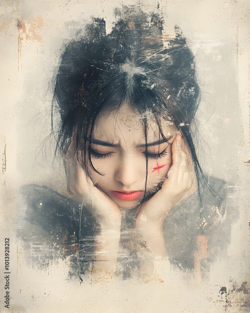 Distressing Inmages Distressed young woman with a pained expression gripping her head as ...