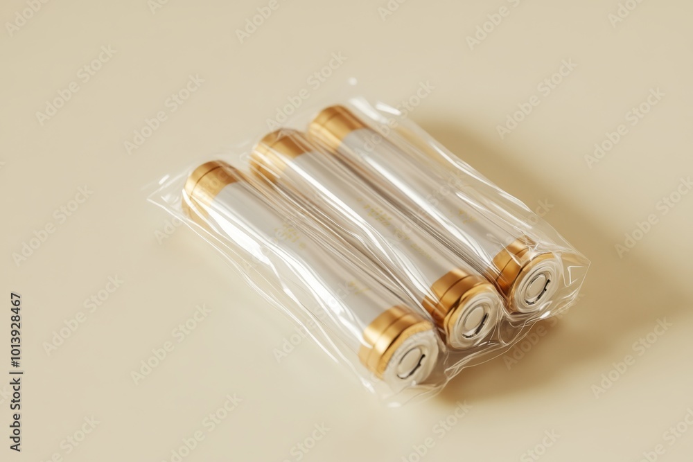 a macro shot of a brand new, unopened pack of aa batteries on a light beige background, with the plastic wrapping reflecting the light. a macro shot of a brand new, unopened pack of aa batteries on a light beige background, with the plastic wrapping reflecting the light.