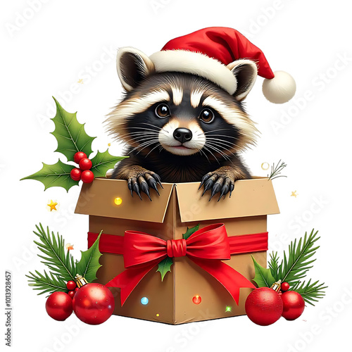 Funny Christmas Raccoon clipart PNG transparent background. Perfect for print item like t-shirts, pillows, mugs, hoodies, canvas, greeting cards,  thank you cards, birthday invitation cards etc. photo