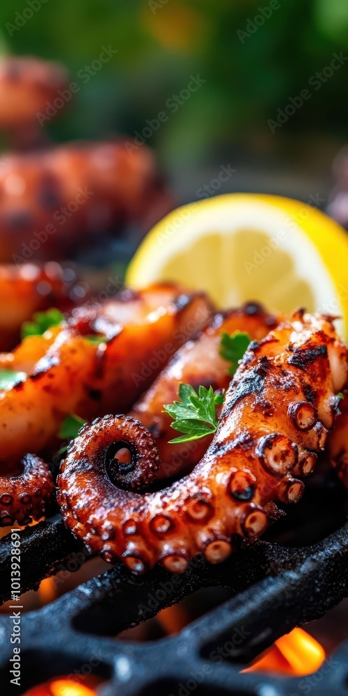 Fototapeta premium Closeup of grilled octopus tentacles garnished with lemon and herbs, grilled octopus, seafood appetizer