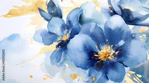 Fototapeta Naklejka Na Ścianę i Meble -  Elegant watercolor painting of blue flowers with golden accents, depicting a delicate and artistic representation of botanical beauty. Gold Leaf Accent. Illustration