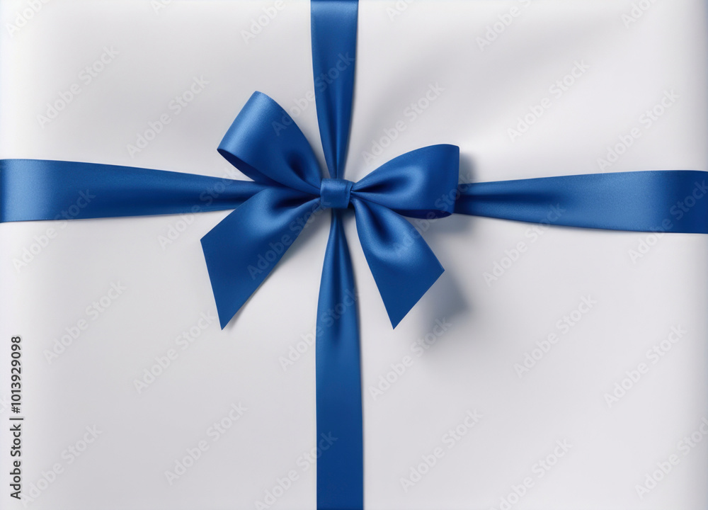 Blue satin ribbon with bow on white background. Minimalist composition, simplicity and elegance. For holiday, celebration-themed designs, present-related graphics, gift promotions, festive events Blue satin ribbon with bow on white background. Minimalist composition, simplicity and elegance. For holiday, celebration-themed designs, present-related graphics, gift promotions, festive events
