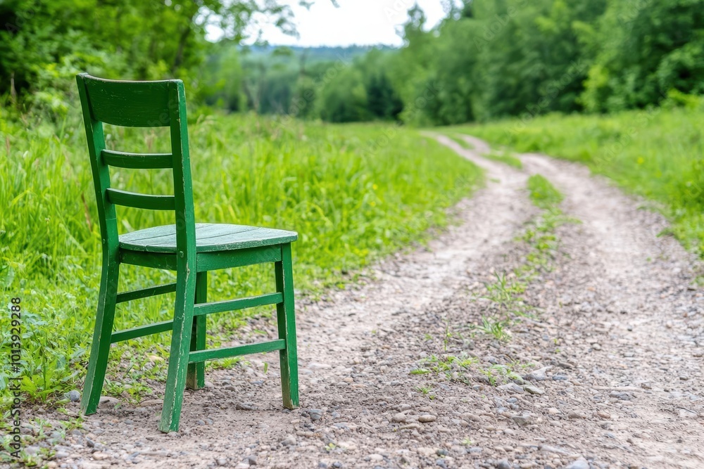 A green wooden chair placed on a gravel path surrounded by lush greenery, inviting reflection and tranquility. A green wooden chair placed on a gravel path surrounded by lush greenery, inviting reflection and tranquility.