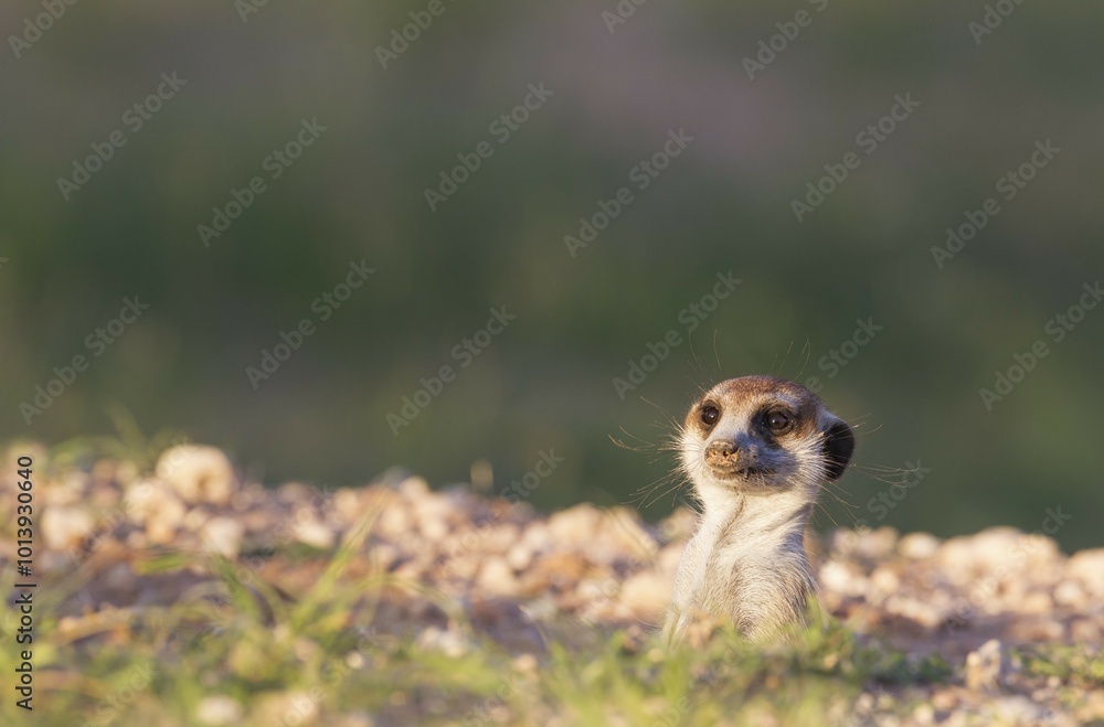 Suricate (Suricata suricatta), guard on the lookout at burrow, rainy season with green surroundings, Kalahari Desert, Kgalagadi Transfrontier Park, South Africa, Africa