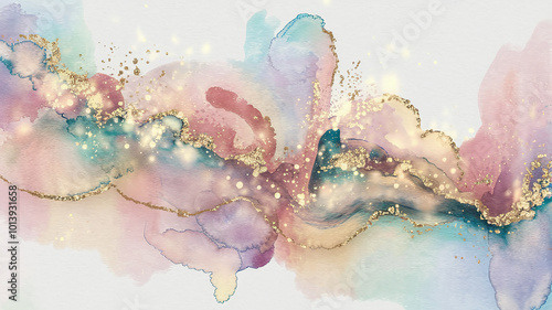 abstract watercolor splashes in soft, fluid tones such as pastels, blues, pinks, and purples, combined with metallic gold accents