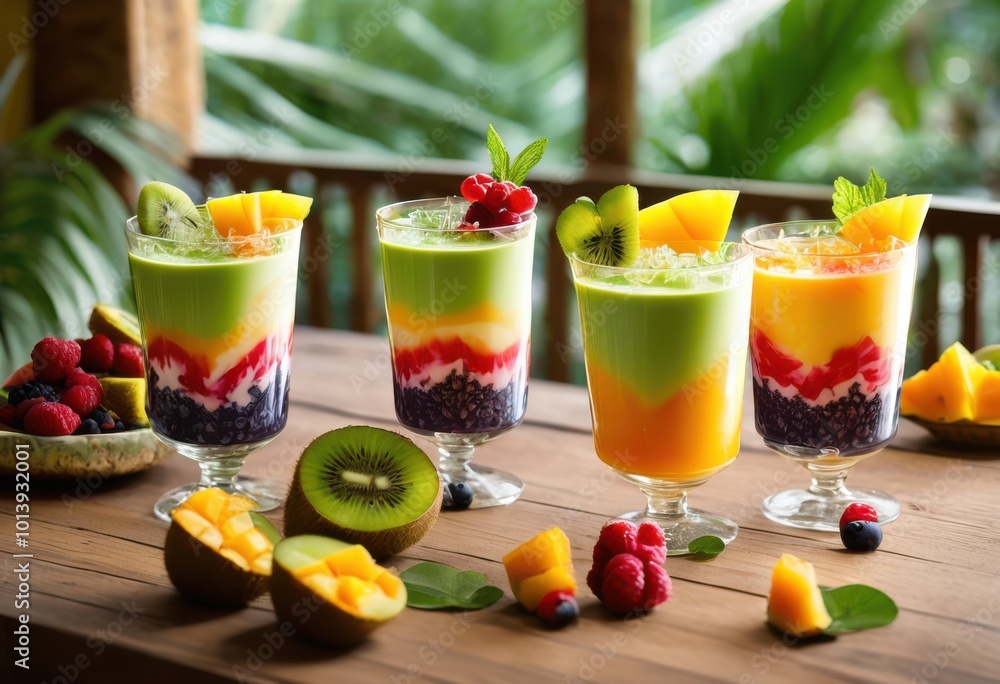 Fototapeta premium charming vintage milk cocktail glasses filled vibrant ingredients creating delightful aesthetic beverage display, barware, bubbly, celebration, colorful