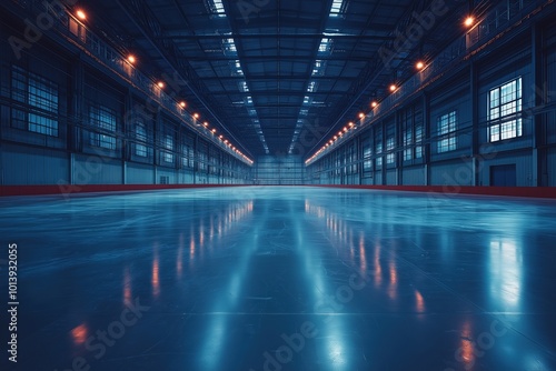 Ice arena, view from the stands. Ice and lights on it, bright light effects in a dark environment. Photorealistic photography