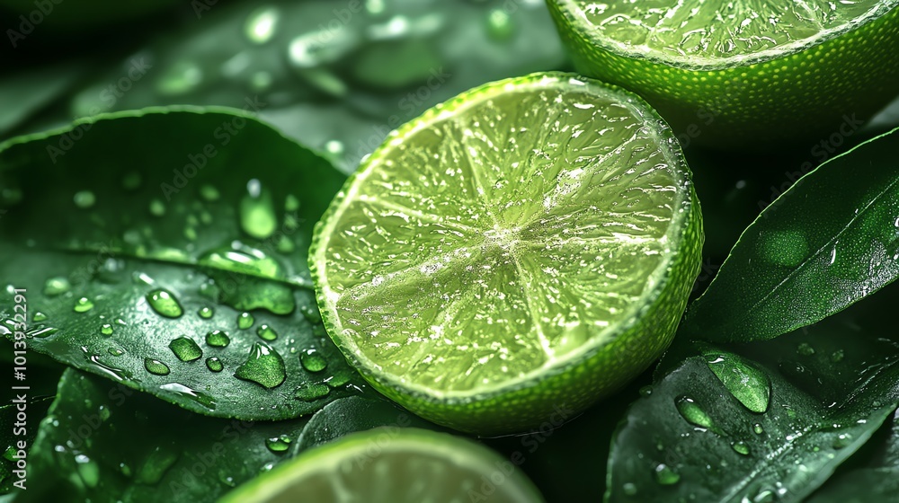 half lime with water drops on green leaf, close-up half lime with water drops on green leaf, close-up