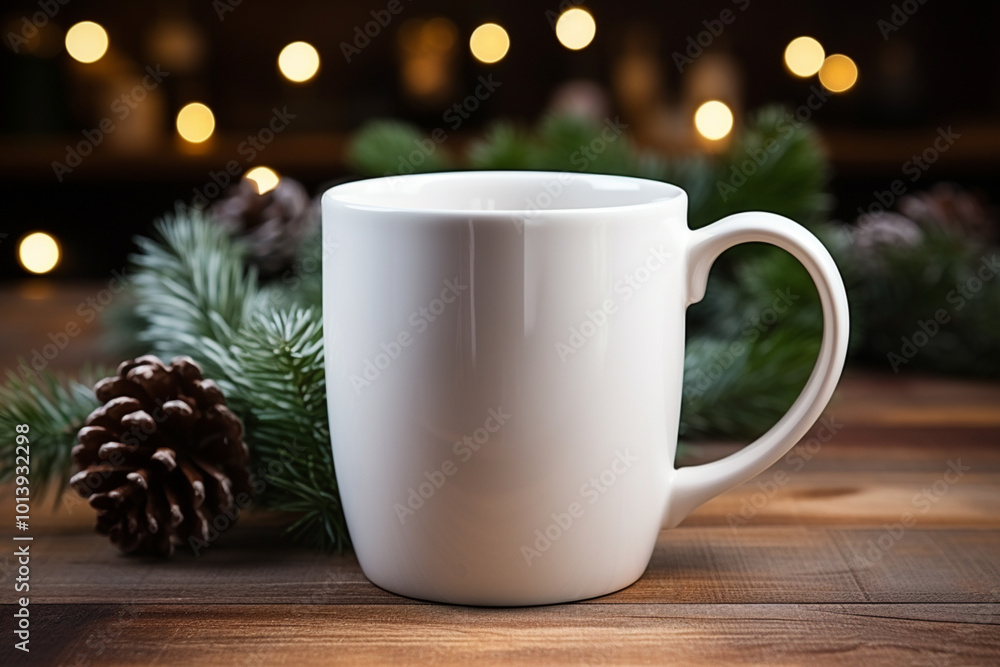 Obraz premium Christmas mug mockup. White cup on wooden table with pine cone and fir tree branch. 