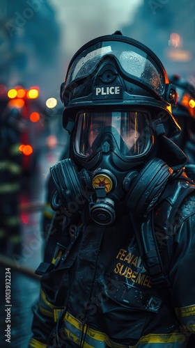 Firefighters and police officers with dynamic scenes, brave and vigilant, Urban, Cool tones, Photograph, Public service