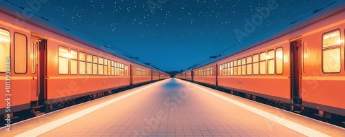 Dreamy, retro train station at night with sparkle stars reflecting off the platforms, soft glowing lights, and vintage locomotives